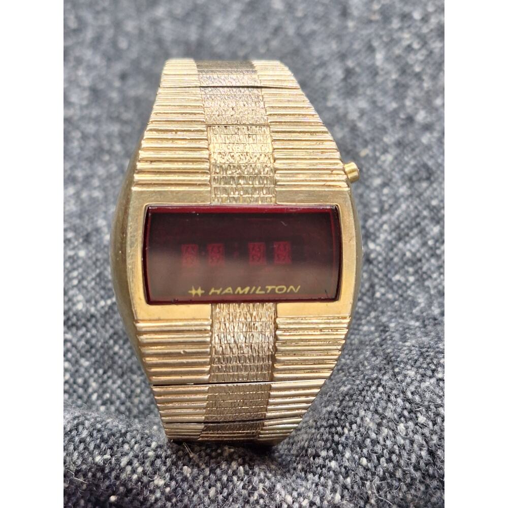 Hamilton QED LED Digital Watch 993276 Working 865 10K Gold Overlay Bark Bracelet